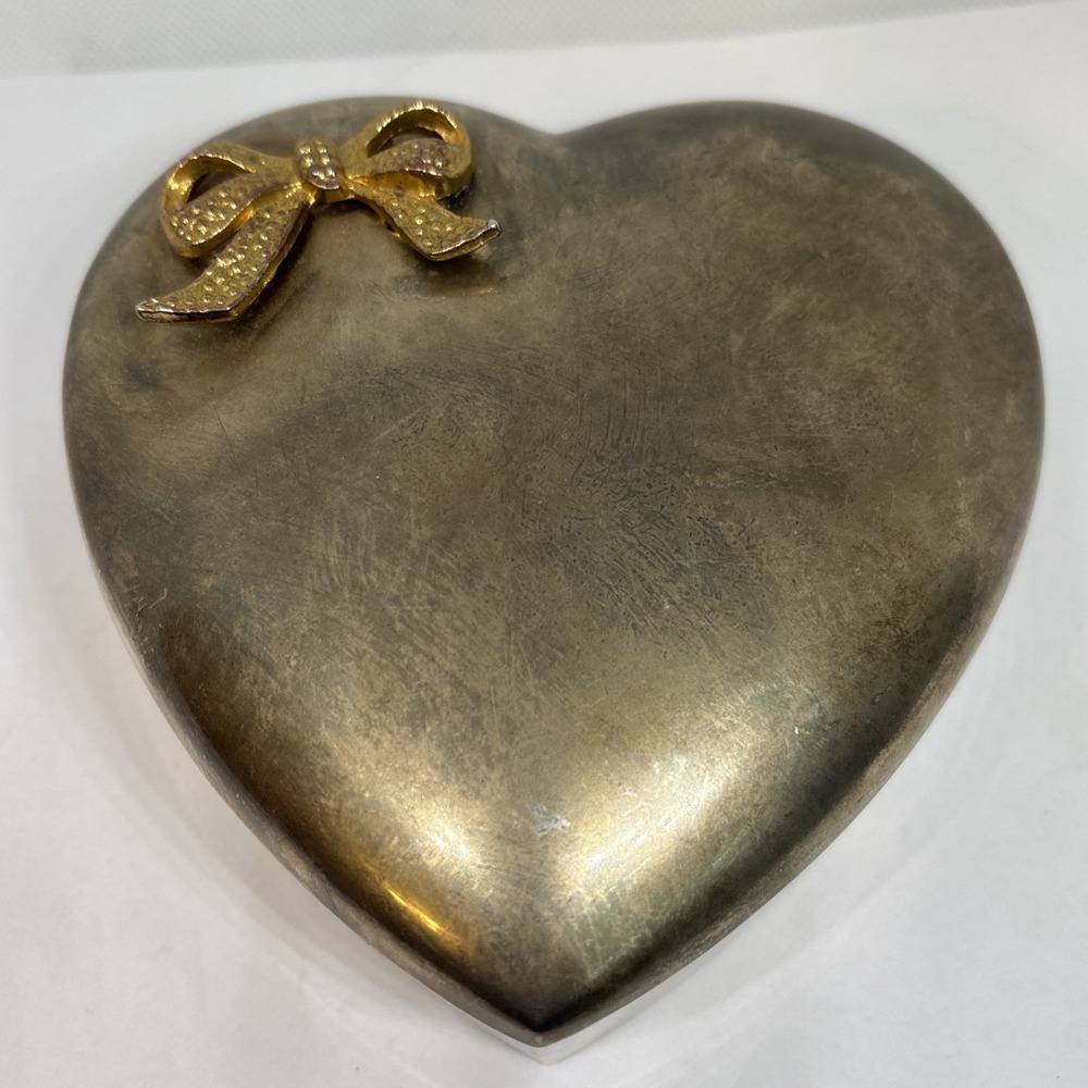 Silver Plated Heart Shaped Golden Bow Jewelry Trinket Box With White Lining
